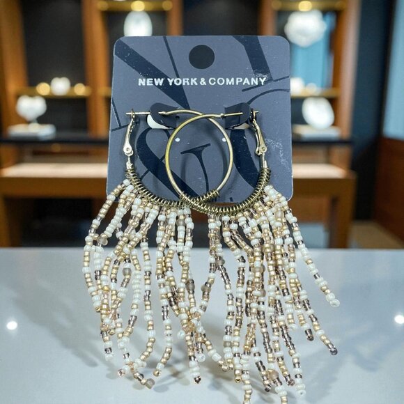 NYC Beaded Fringe Hoop Earrings Bronze Gold Tone Boho Festival Dangle Jewelry - Picture 1 of 5